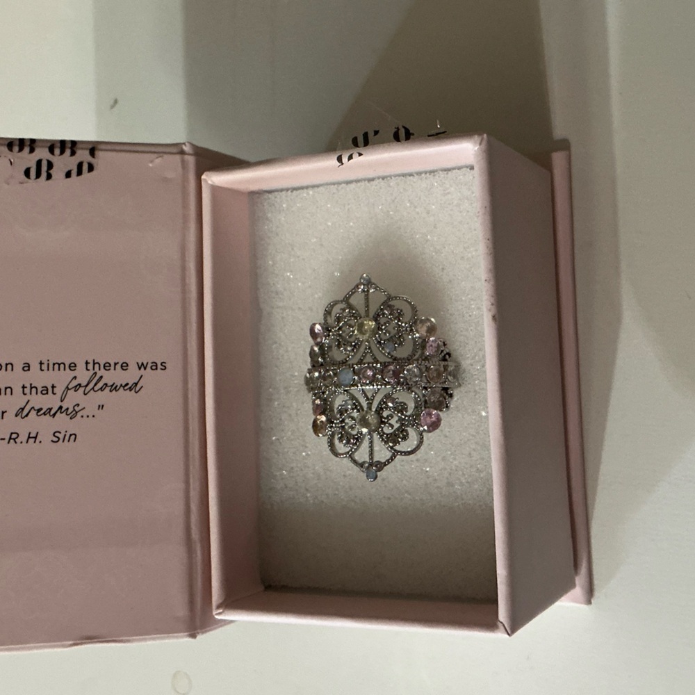 Bomb Party Silver Plated Filigree Ring with Pastel Crystal Accents Size 10